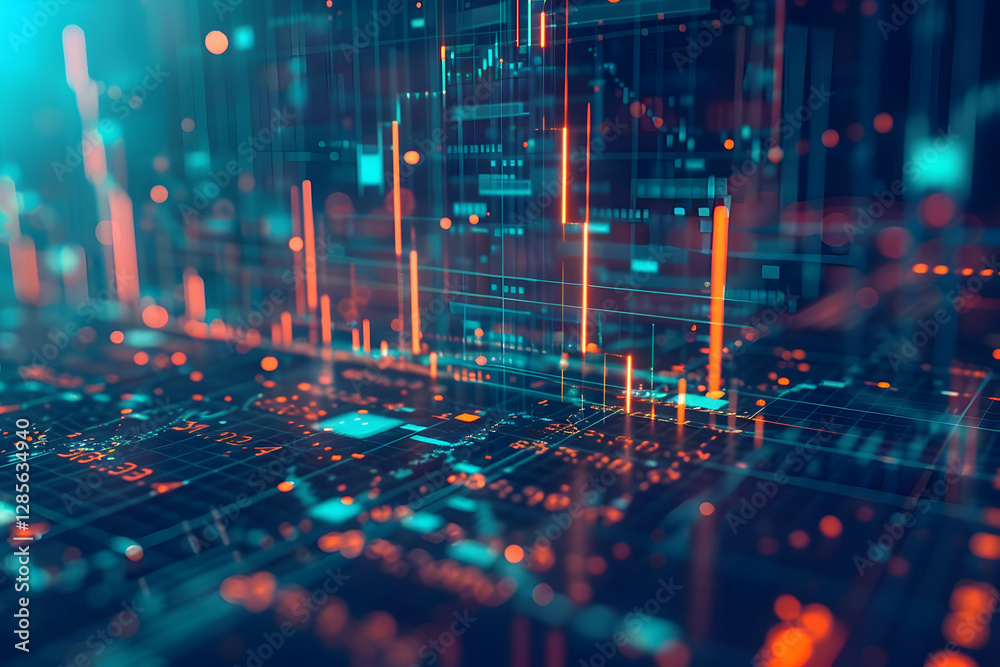 Poster abstract digital data visualization with glowing lines and charts in a futuristic environment