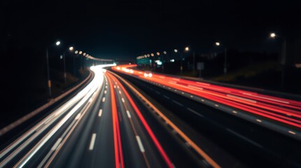 Night Highway with Car Light Trails and Street Lights in Motion