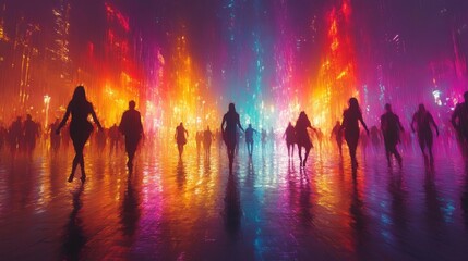 Fototapeta premium Futuristic Cityscape with Neon Lights and Silhouetted Figures. Generative AI