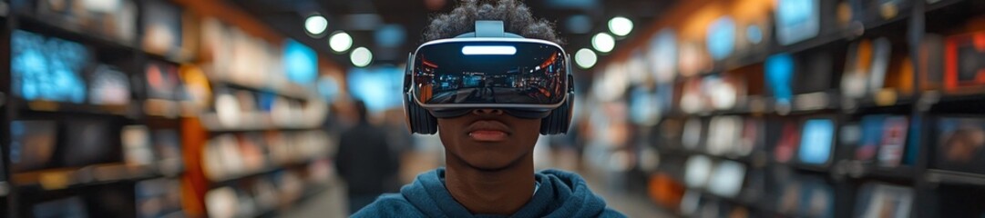 Young person testing VR technology in electronics store. Generative AI