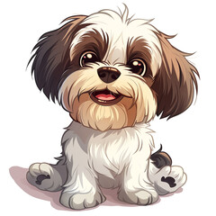 Adorable cartoon-style puppy with big, expressive eyes and a sweet smile, sitting patiently. A delightful image of a fluffy companion, perfect for brightening any day. 