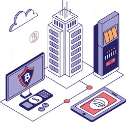 Futuristic fintech concept with digital currency and blockchain elements