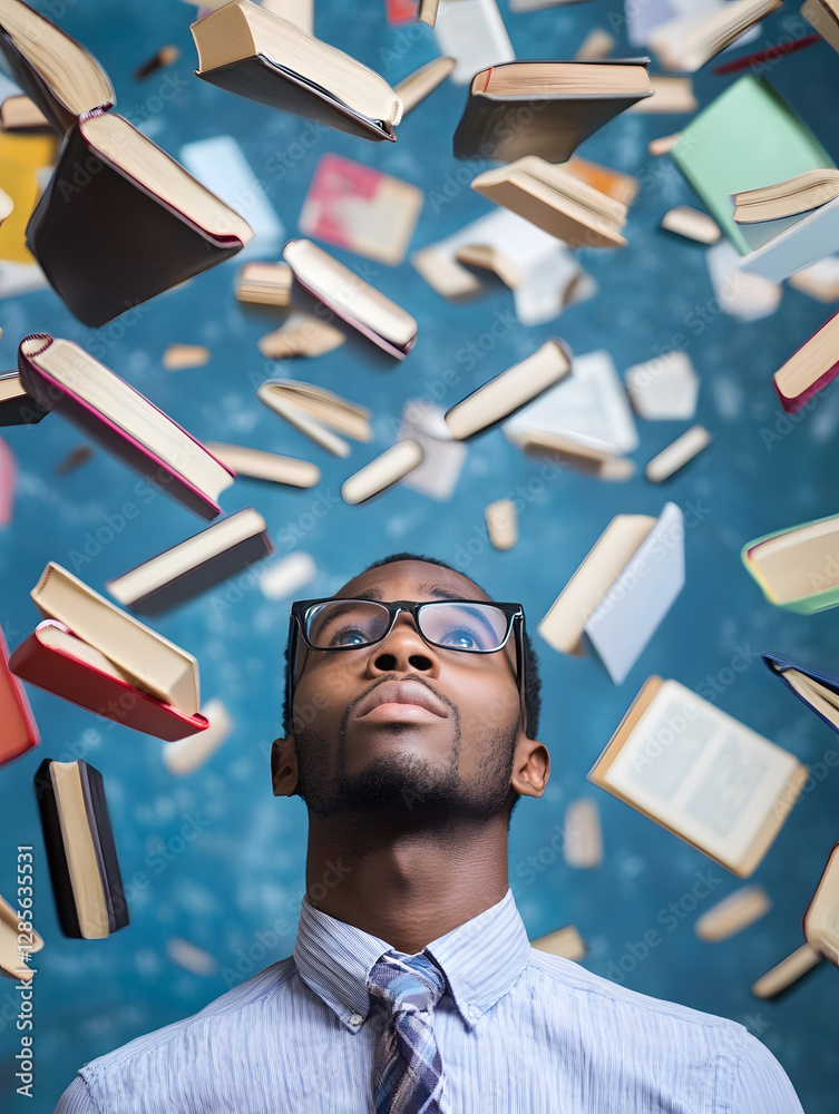 Poster young intellectual surrounded by floating books imagery of education and knowledge : generative ai