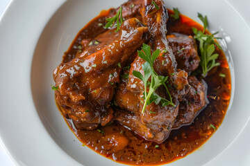 Top shot of a stew chicken dish, slow-cooked in a rich, caramelized sauce made from brown sugar, tomatoes, and spices, a favorite in Trinidad and Tobago