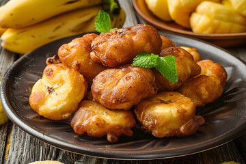 Banana fritters or sweet bananas fried until golden brown, a popular snack or dessert in Tuvalu.