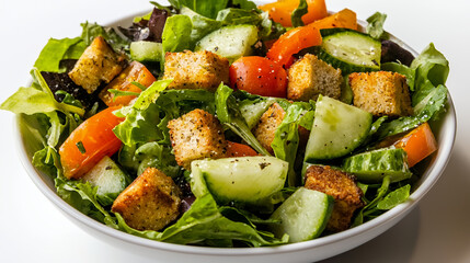 fresh green salad with croutons, cucumbers, and tomatoes in white bowl, seasoned with pepper