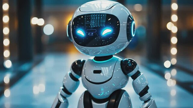 Futuristic AI Companion: A friendly-looking AI robot stands confidently, its luminous blue eyes and data display hinting at advanced technology. It's a blend of innovation, cutting-edge design.