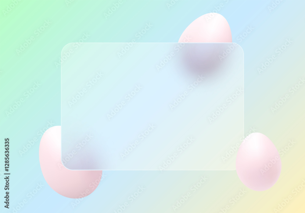 Wall mural vector background in glass morphism style. frosted glass partition with floating pink easter eggs.