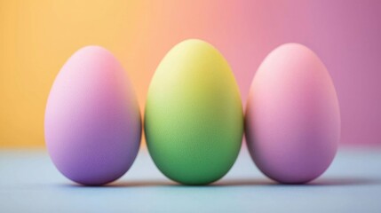 Obraz premium Three pastel-colored eggs in a row against a soft gradient background, evoking a cheerful, festive atmosphere.