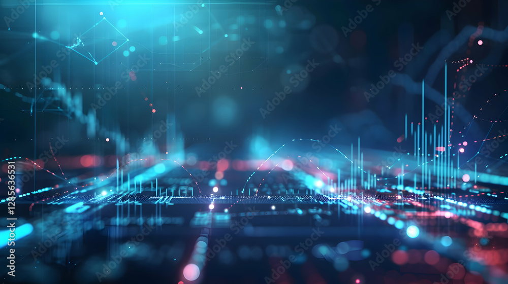 Poster abstract digital background showcasing data visualization with glowing graphs and lines