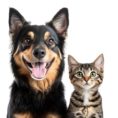 Fototapeta premium Portrait of Happy dog and cat that looking at the camera together isolated on transparent background, friendship between dog and cat, amazing friendliness of the pets 