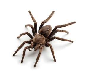 A large tarantula spider with hairy legs and body, resting on a white background