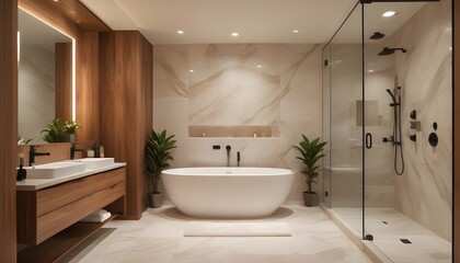 A modern and luxurious bathroom with a large freestanding bathtub, a glass shower enclosure, and a marble wall. The room features warm lighting, wooden accents, and potted plants, creating a spa-like 