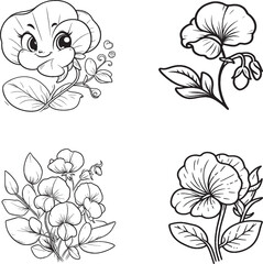 Hand-Drawn Whimsical Flower Illustrations with Smiling Faces - Black and White Botanical Stock Art