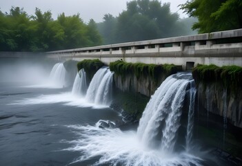 A flowing waterfall with multiple cascades of water rushing over a concrete structure, surrounded by lush greenery in the background