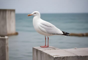 Obraz premium A seagull perched on a weathered concrete structure with a blurred ocean background