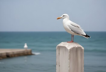 A seagull perched on a weathered concrete structure with a blurred ocean background
