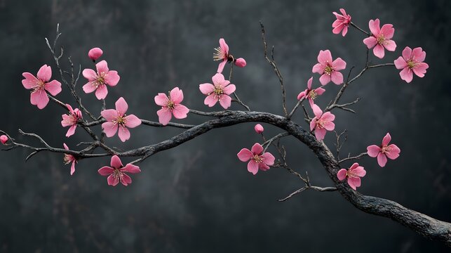 Beautiful pink cherry blossom branch on dark background spring floral image tree plant bloom nature - Powered by Adobe