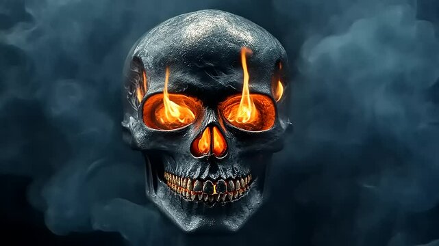 A menacing skull with fiery eyes surrounded by swirling smoke, creating a dramatic and eerie atmosphere