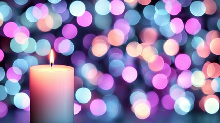 A softly glowing candle stands in focus against a colorful, blurred background of twinkling lights in shades of blue and pink.
