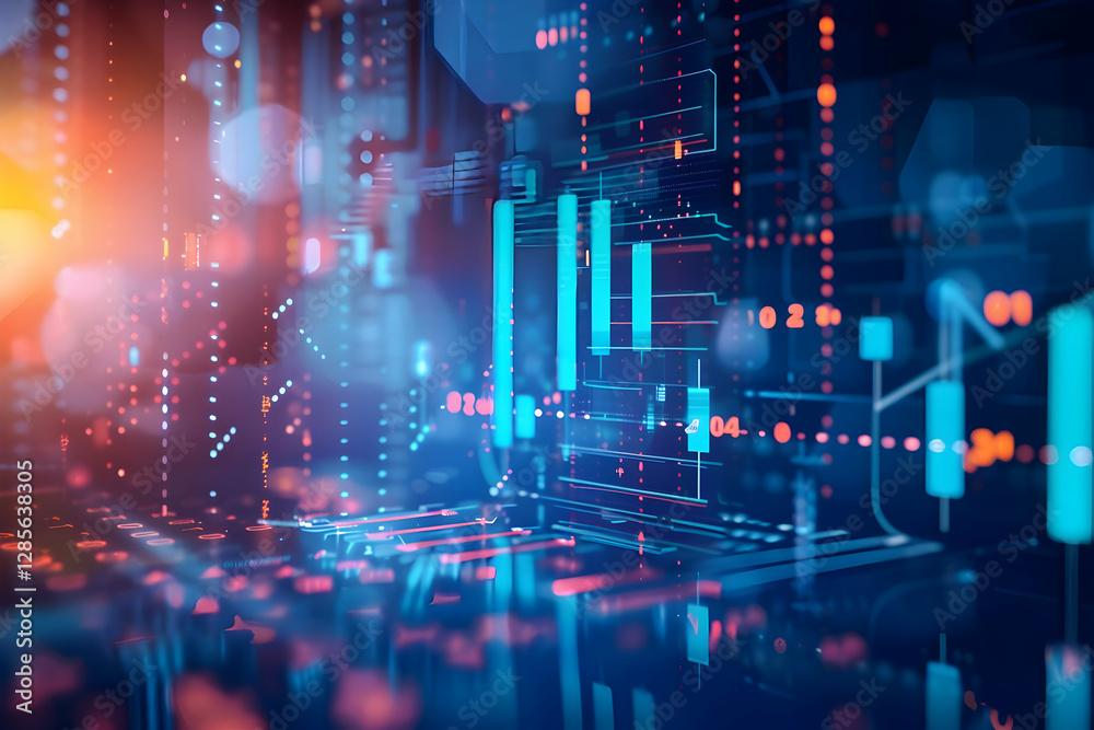 Poster abstract digital landscape depicting data visualization with glowing graphs and circuits