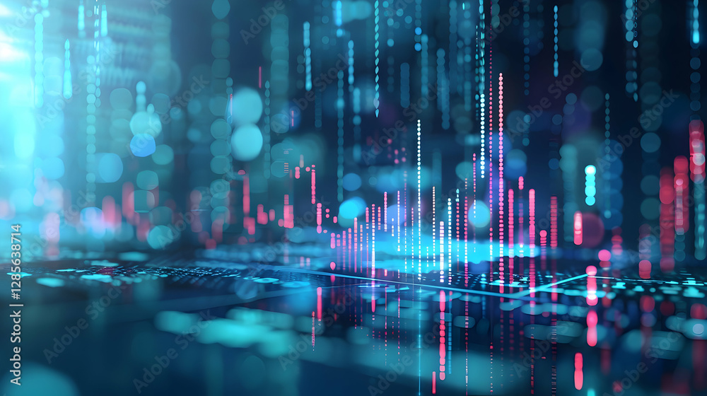 Poster abstract digital background with glowing data streams and graphs depicting technology trends