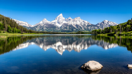 Naklejka premium Stunning Reflections of Snow Capped Mountains in Pristine Alpine Lake Under Clear Blue Sky : Generative AI