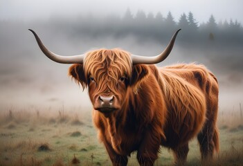 A shaggy, reddish-brown highland cow with large horns standing in a grassy field