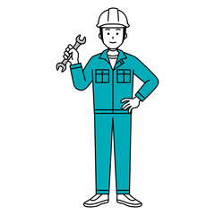 スパナを持つ作業員の男性（全身）