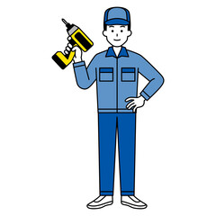 インパクトドライバーを持つつなぎ作業服の男性（全身）