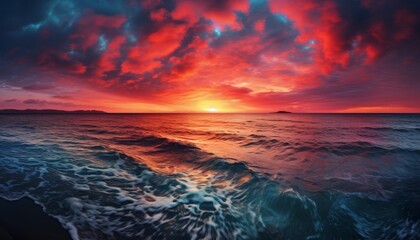 Fototapeta premium Red and blue sunset or sunrise on a cloudy sky background over ocean.