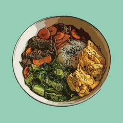 Adobe Illustrator Vector illustration of bowl of rice, beef, omelet, sautéed mustard greens