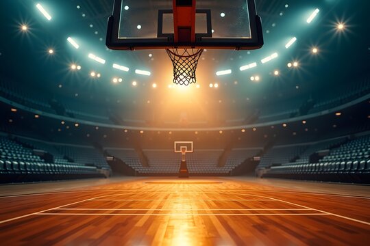 Brightly lit Basketball backboard in large sports arena. Rim and net in focus.