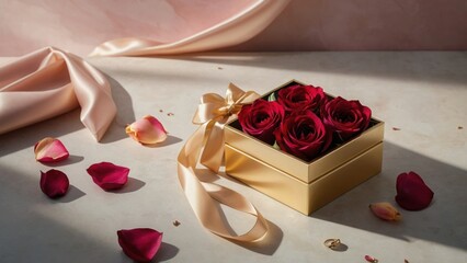 A gold box with red roses and a ribbon on top of a table