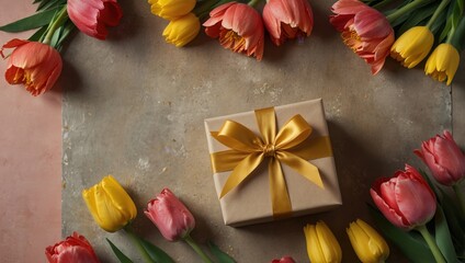 A box with a gold ribbon sits in front of a bunch of flowers