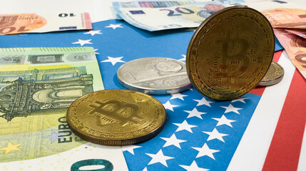 bitcoin with a flag on money euro