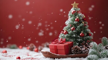Miniature Christmas tree on a sledge with an open red gift box on a red background.