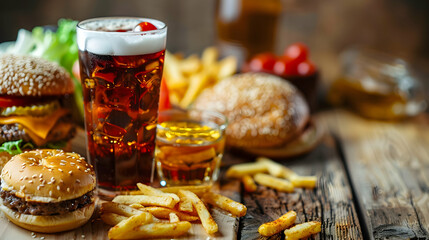 Delicious spread of burgers, fries, and drinks on a rustic wooden table with greenery