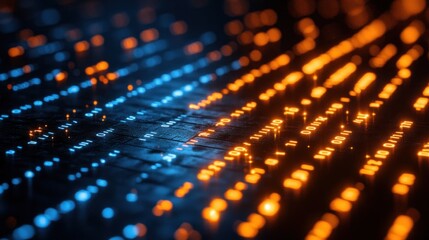 Abstract digital technology interface, glowing blue and orange light, dark background
