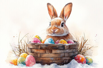 Easter bunny in a basket in the snow.