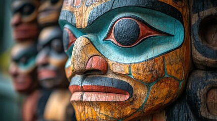 Native American totem pole art, showcasing traditional carvings and cultural symbols
