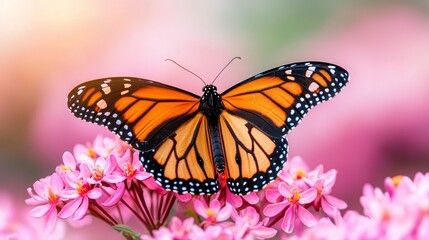 Fototapeta premium A vibrant monarch butterfly rests on pink flowers, showcasing its striking orange and black wings against a soft, blurred background.