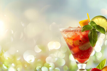 Refreshing cocktail with fruits and herbs in a glass, bright background with bokeh effect