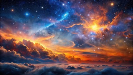 Fototapeta premium Celestial Sunset A Dreamlike Vista of Fiery Clouds and Starry Nebulas Above a Serene Sea of Clouds