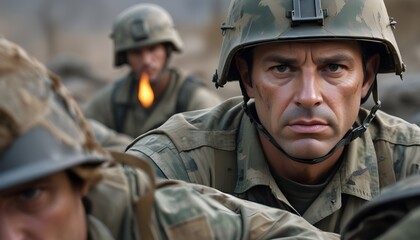 A military man with short brown hair wearing a military helmet and camouflage uniform, looking intensely focused in a war-torn environment