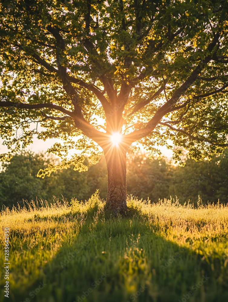 Poster sunset rays through tree in peaceful meadow capturing serene nature beauty : generative ai