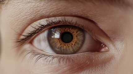 Macro shot of a human eye, captured with ultra-high resolution, showcasing intricate iris details, soft eyelashes, and natural reflections. 