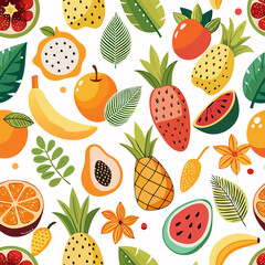 Colorful seamless pattern of tropical fruits and leaves.