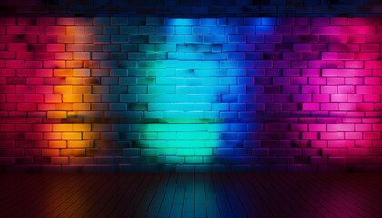 abstract background with rainbow colorful lights stage room empty brick