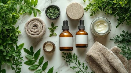 Natural skincare products arranged on a marble surface featuring bottles and jars with blank labels accompanied by a towel and greenery create a spa-like atmosphere